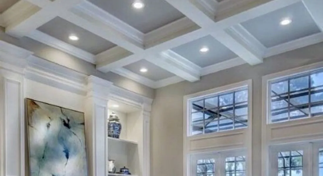 Coffered Ceiling With Wood False Ceiling Design For Hall